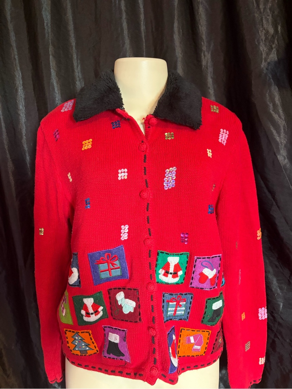 Vintage Red Holiday Patchwork Knit Jacket with Faux Fur Collar
